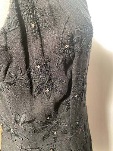 1950s Little Black Dress Jerry Gilden Embroidered Jeweled Floral Wiggle 38" Bust