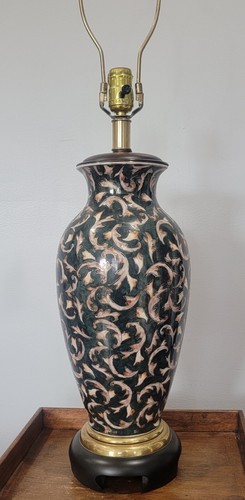 Vintage Frederick Cooper Dark Green Ceramic Wood Gold Ginger Jar Table Lamp - Picture 8 of 8