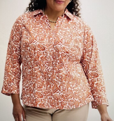 NEW Croft & Barrow button up top blouse womens sz 4X leaf V neck 3/4 sleeve rust
