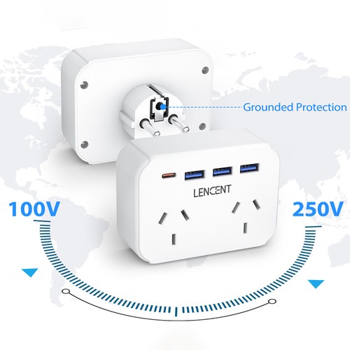 LENCENT AU to EU Travel Adapter w/ 3 USB A & 1 Type C for Australia to European