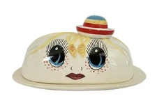 Vintage Royal Sealy Google Big Eyes Butter Dish Pixie Clown 50s Japan Kitsch