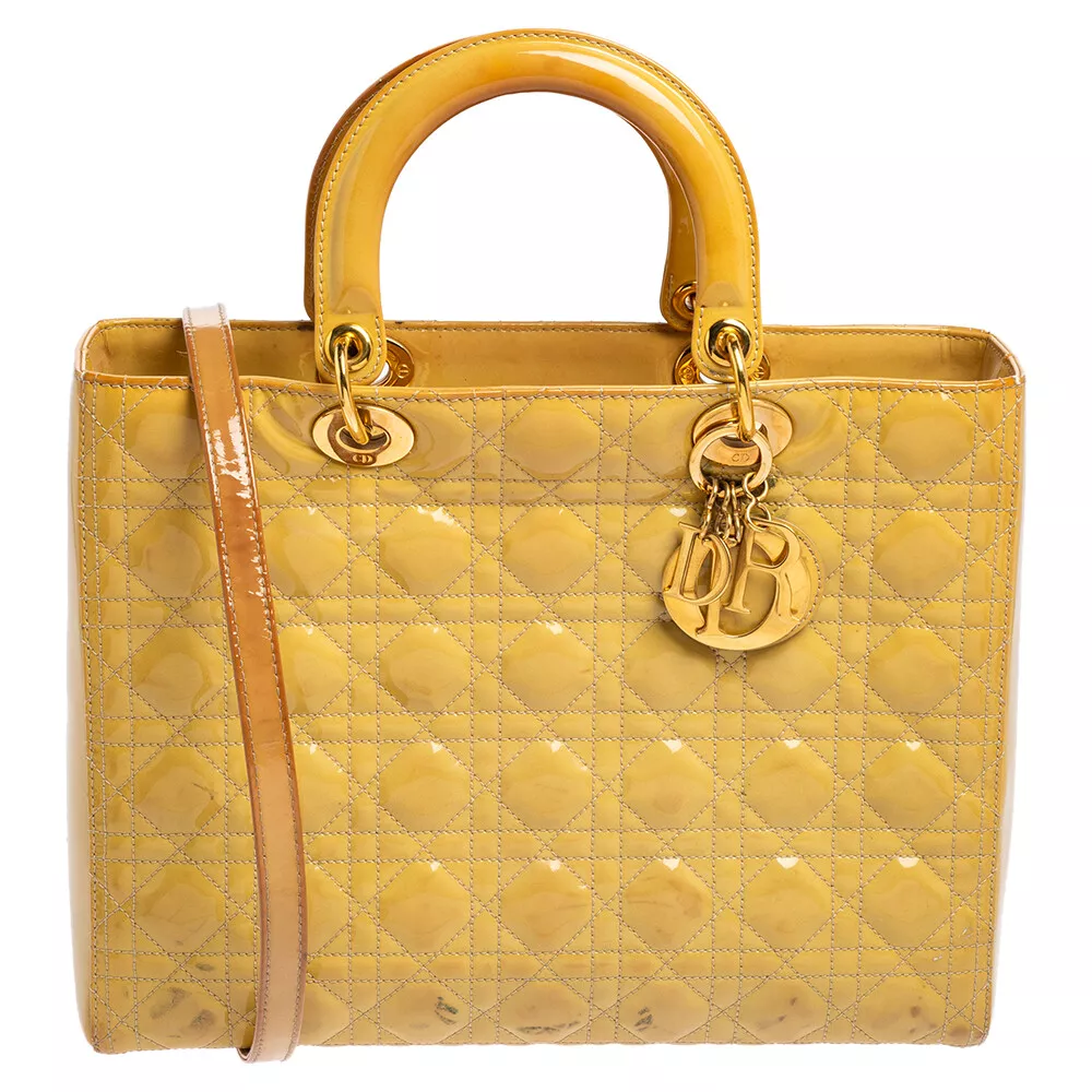 Grand fourre tout femme Dior en cuir verni cannage jaune