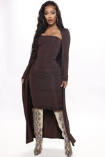 NWT $65 FASHION NOVA BROWN TUBE DRESS WITH MATCHING DUSTER COAT 2 PC, S,SOLD OUT