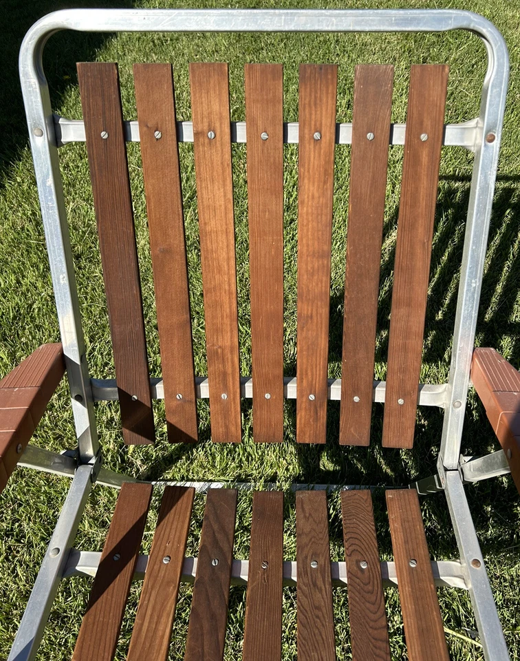 Wood 7 Slat & Aluminum Folding Lawn Chair Vintage MCM - Image 3 of 4