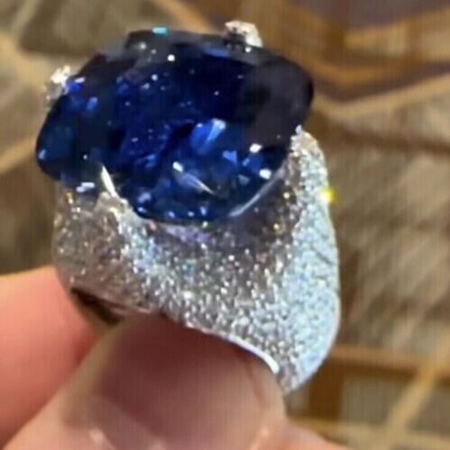 5Ct Cushion Lab Created Blue Sapphire Solitaire Men's Ring 14K White Gold Plated - Picture 1 of 4