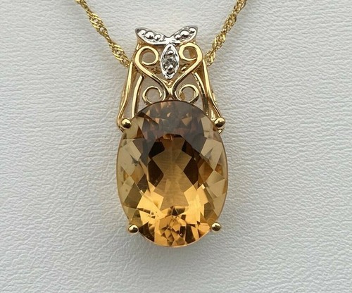 14K YELLOW GOLD FACETED CITRINE & DIAMOND PENDANT 16X12 MM