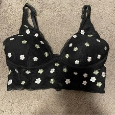 Victoria's Secret PINK Black Lace Bralette XS Embroidered Daisies Lightly Lined
