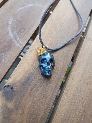 Blue Gold Skull Crown Charm Pendant Necklace Black Cord Skeletons & Skulls