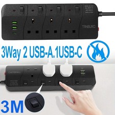 3m Extension Lead Power Strip Surge Protector 3Gang Way 2*USB+1*USB-C Sockets UK