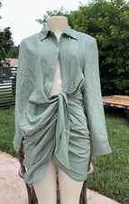 Jacquemus Le Raphia Shirt Draped La Robe Bahia Sage Green Mini Dress 34 / 2 NWT