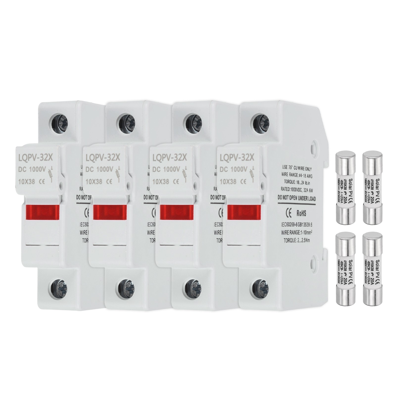 4Pcs Din Rail Fuse Holder with 1 Core Block, DC 1000V 20A Fuse Holder with Light