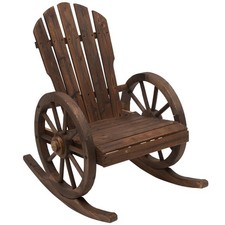 Rustic Wood Adirondack Rocking Patio Chair w/ Slatted Design Wheel Armrests