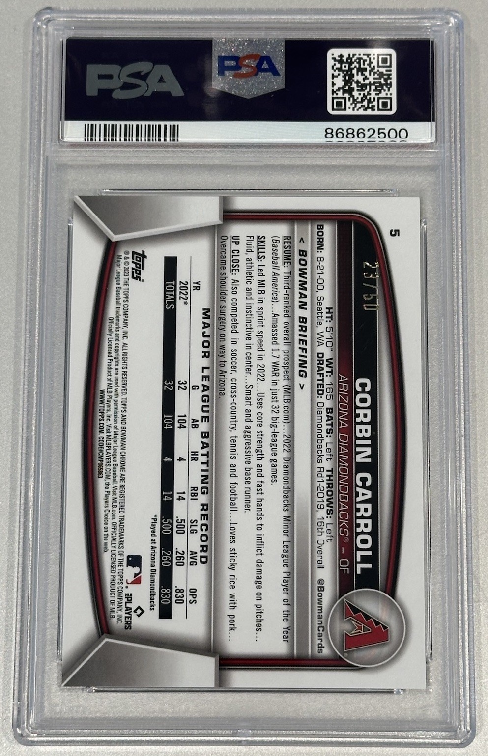 2023 Bowman Chrome Corbin Carroll Gold Refractor /50 PSA 10 RC Diamondbacks #5 view 2