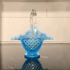 Vintage Fenton Blue Hobnail Glass Basket Opalescent Ruffled Art Glass decor 6"