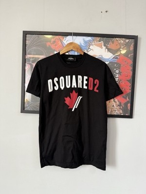 DSQUARED2 Men's Black T-Shirt White Logo Red Maple Leaf Size S Made in Romania