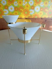 Vintage Chip & Dip Bowl Set Milk Glass Gold Metal Holder Taper Candle Holders