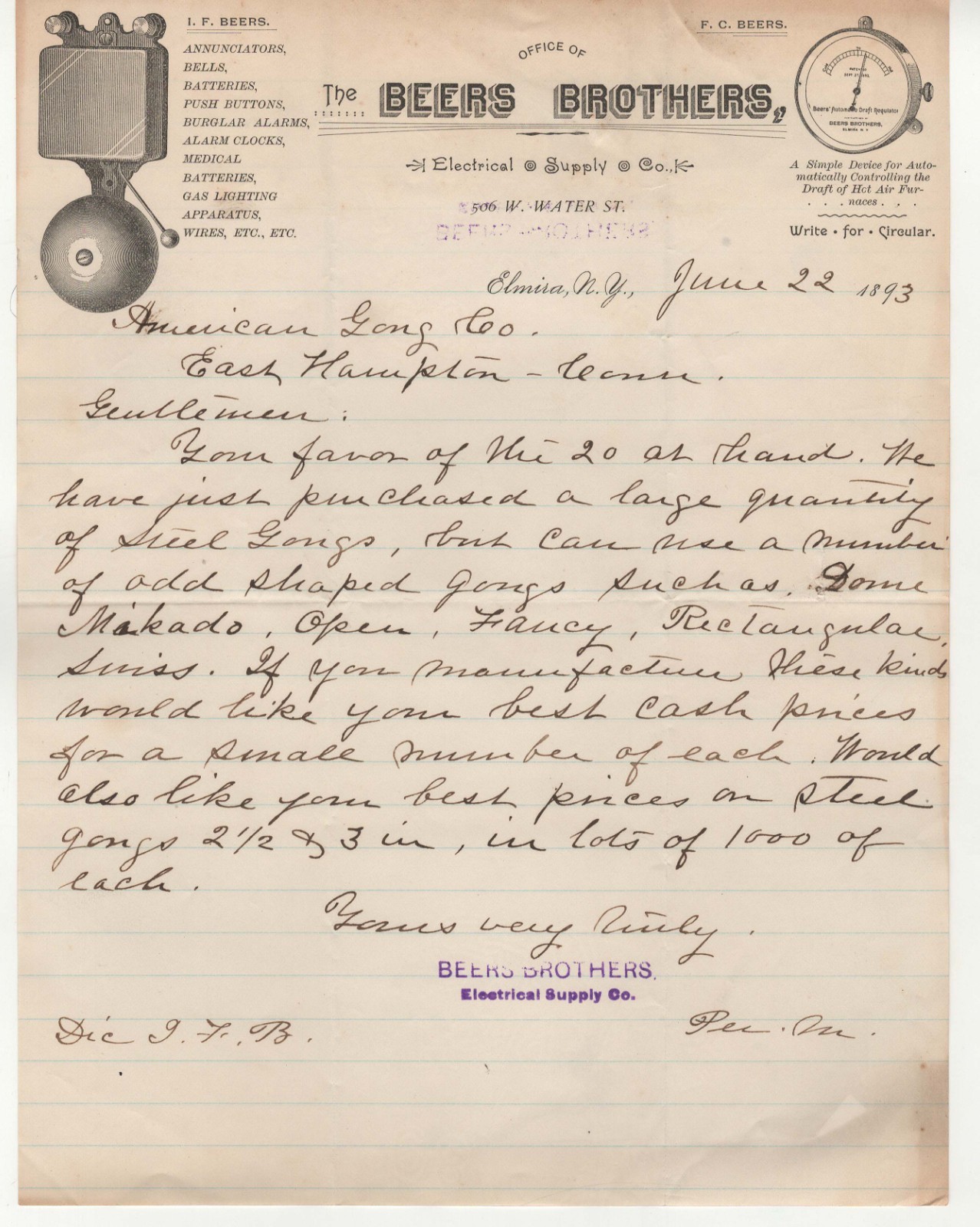 1896 Beers Brothers Electrical Supply Elmira, NY  Illustrated Letterhead