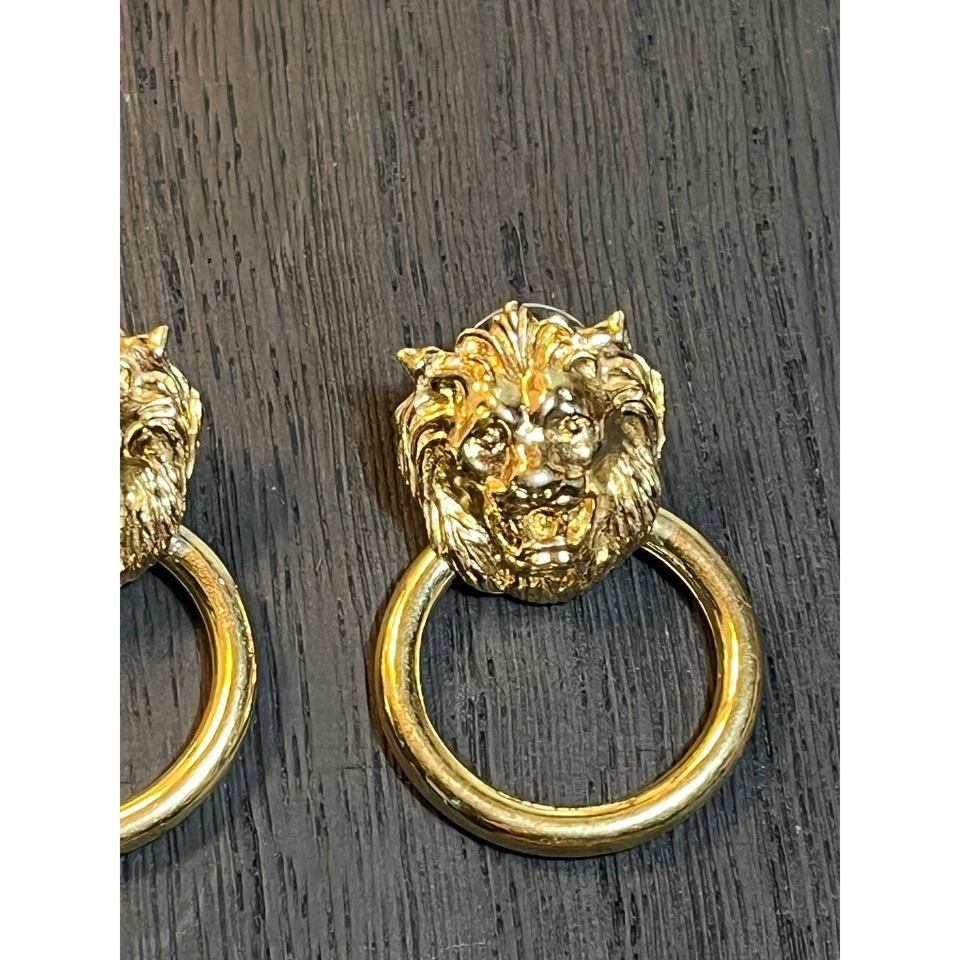 Vintage Style Gold Lion Head Door Knocker Pierced Statement Earrings - Image 4 of 4
