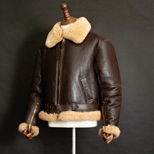 Men s B3 Shearling Leather Bomber Jacket Brown RAF Aviator Sheepskin Fur Collar