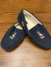 Polo Ralph Lauren Blue Suede FAIR ISLE SKIING BEAR Slippers Mens size 9 D New