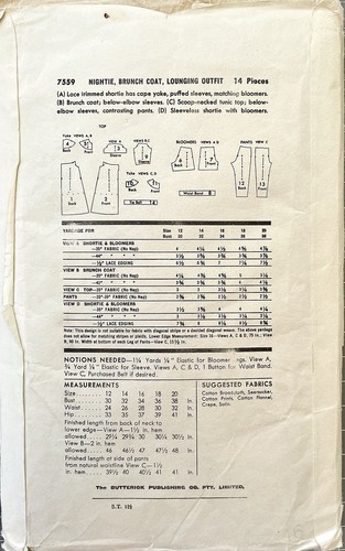 BUTTERICK 7559 1950’s Yoked Top/Coat, Nightie & Pants Sewing Pattern - Bust 38”. - Picture 2 of 2