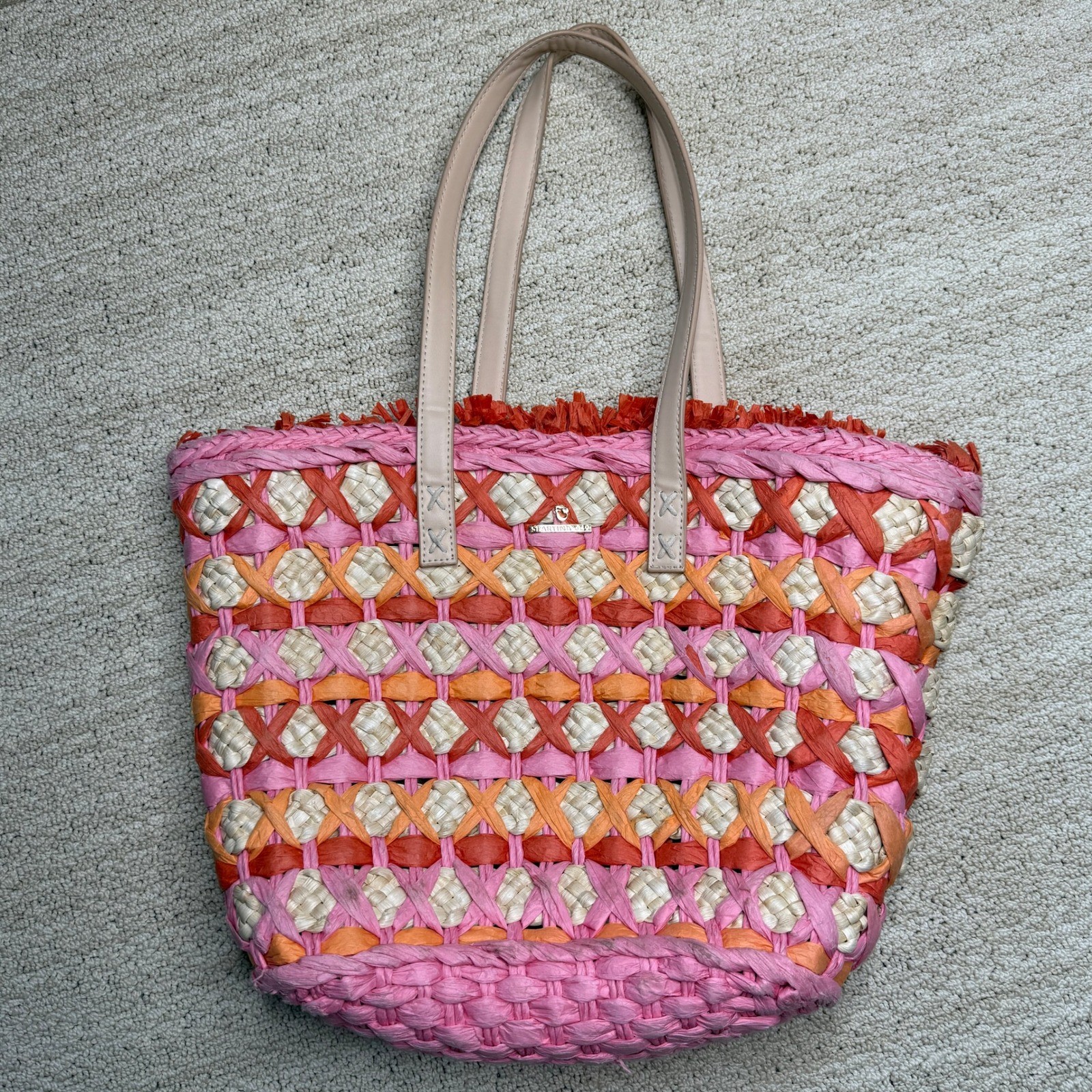 Spartina 449 Daufuskie Island Straw Tote Bag Women's Large Pink Orange Woven