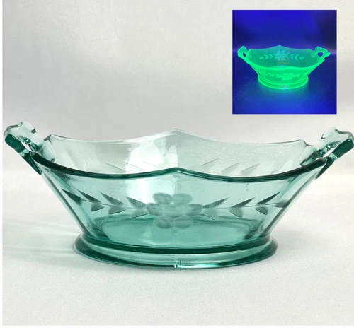 Imperial Glass Molly Teal Green Depression Bowl UV Reactive Etched Floral 1930s