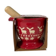 Ciroa Christmas Mortar & Wood Pestle Red White Reindeer & Snowflakes Gift Set