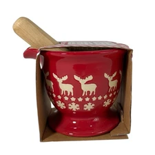 Ciroa Christmas Mortar & Wood Pestle Red White Reindeer & Snowflakes Gift Set