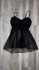 Victoria's Secret Babydoll Nightie Mesh Lace Padded Cups Adjustable Black Sz 36C