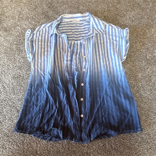 Hem & Thread Women’s S Blue White Striped Collared Short Sleeve Button-Up Top