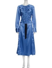 $395 Ganni Women's Blue Satin Silk Ribbon-Cinched Cutout Midi Dress Size 36