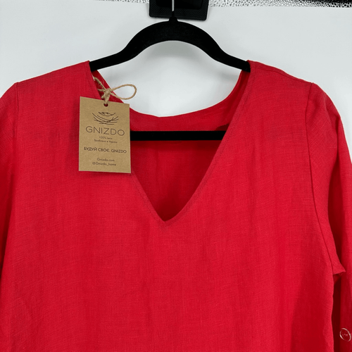 Linen Casual Maxi dress Handmade Oversized L 3/4 sleeve Minimalist Poppy Red - Picture 5 of 16