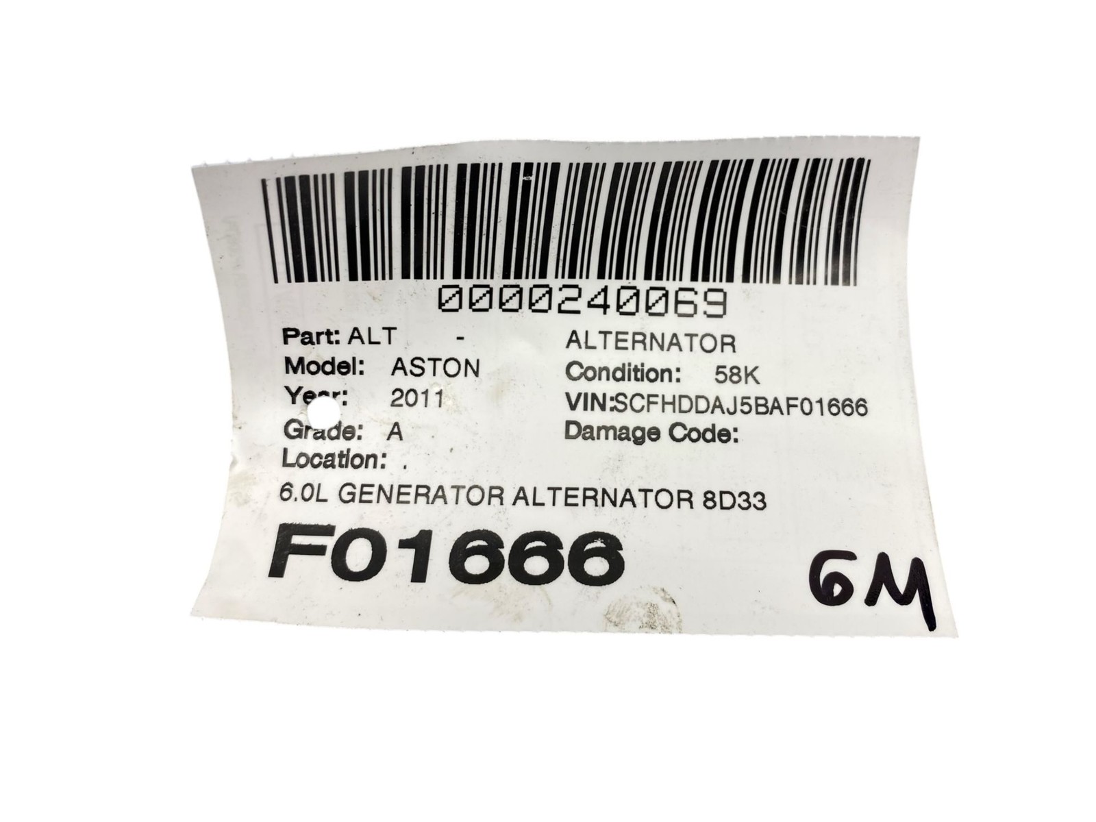 2010-2019 Aston Martin Rapide DDAJ 6.0L GENERATOR ALTERNATOR 8D3310300AA *58K*
