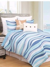 Sea Waves Blue Ocean 2-Piece Twin Quilt Set Versatile Summer Nautical Coastal...