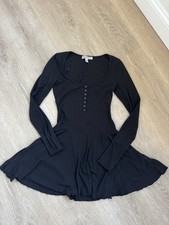 Urban Outfitters Black Henley Long Sleeve Skater Dress w/ Buttons & Ruffles Sz M