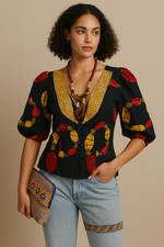 Jacket M Vtg BEADED Cotton AFRICAN Print DASHIKI Short PUFF BALLOON Sleeve Boho