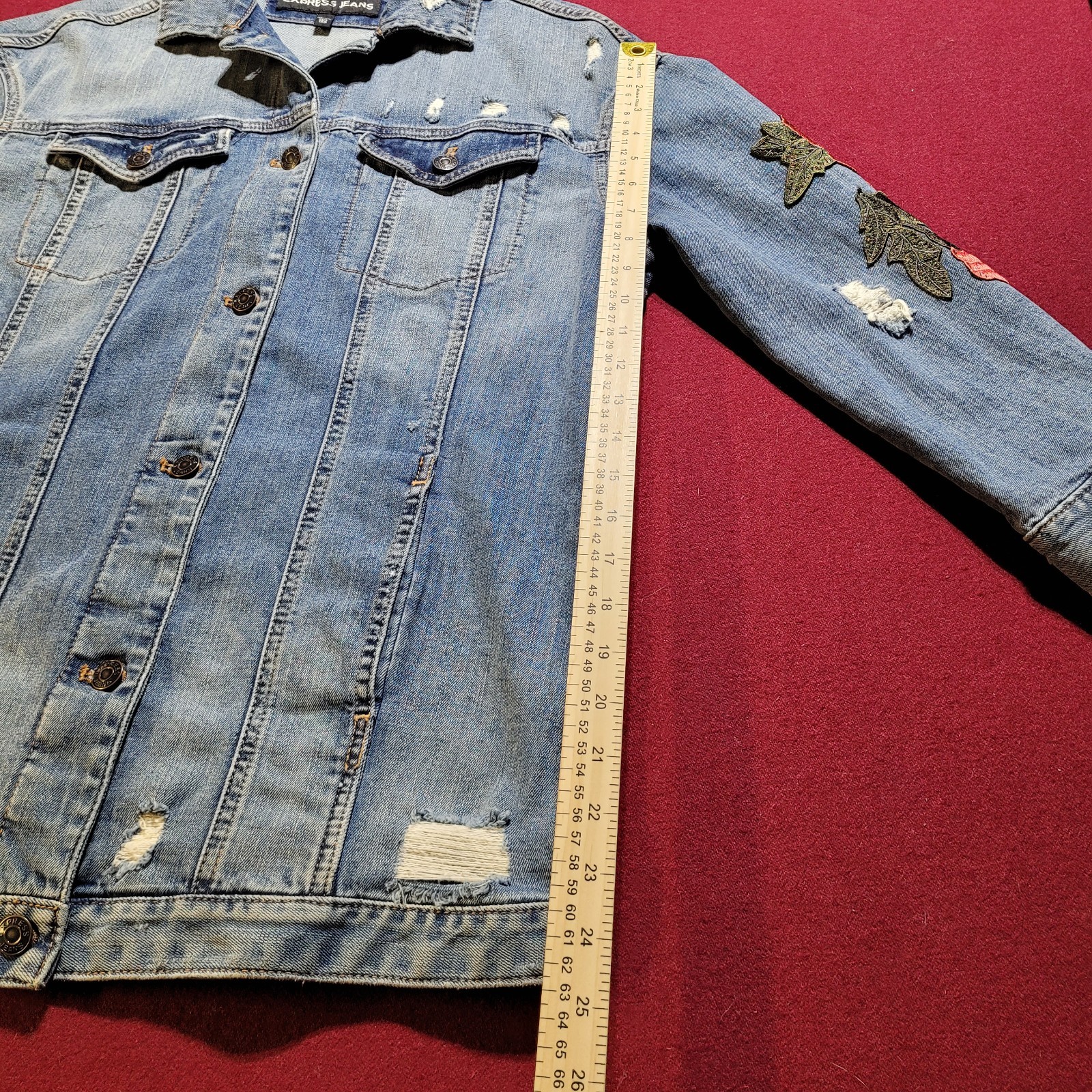 Express Jeans Button Denim Jacket Red Floral Embr… - image 4