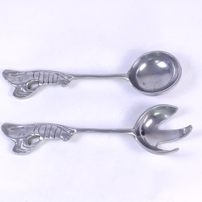 Vintage Cast Aluminum Salad Serving Set Shrimp Handles Mexican 11'' Spoon & Fork