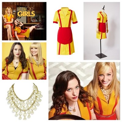 Broke Girls 2 Caroline Cosplay Kellnerin Kleid Halloween-Kostüm+Perlenkette