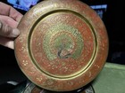 Vintage Brass Plate Design with Peacock 7 3/4" Dia. Wall Hanging green red gold — photo 1