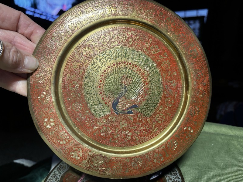 Vintage Brass Plate Design with Peacock 7 3/4" Dia. Wall Hanging green red gold