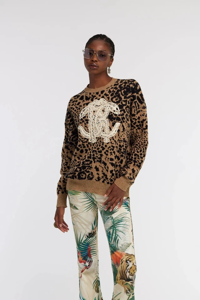 Roberto Cavalli Wool Cashmere Sweater With Monogram Jaguar Skin Print XS - Image 2 of 4