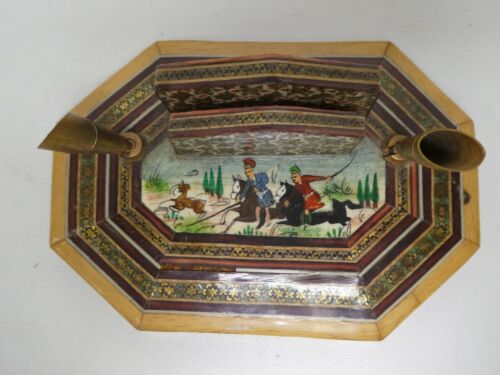 PERSIAN INLAID LACQUERED DESK SET INK WELL PEN STAND PAINTED HUNTING SCENE - Picture 8 of 9