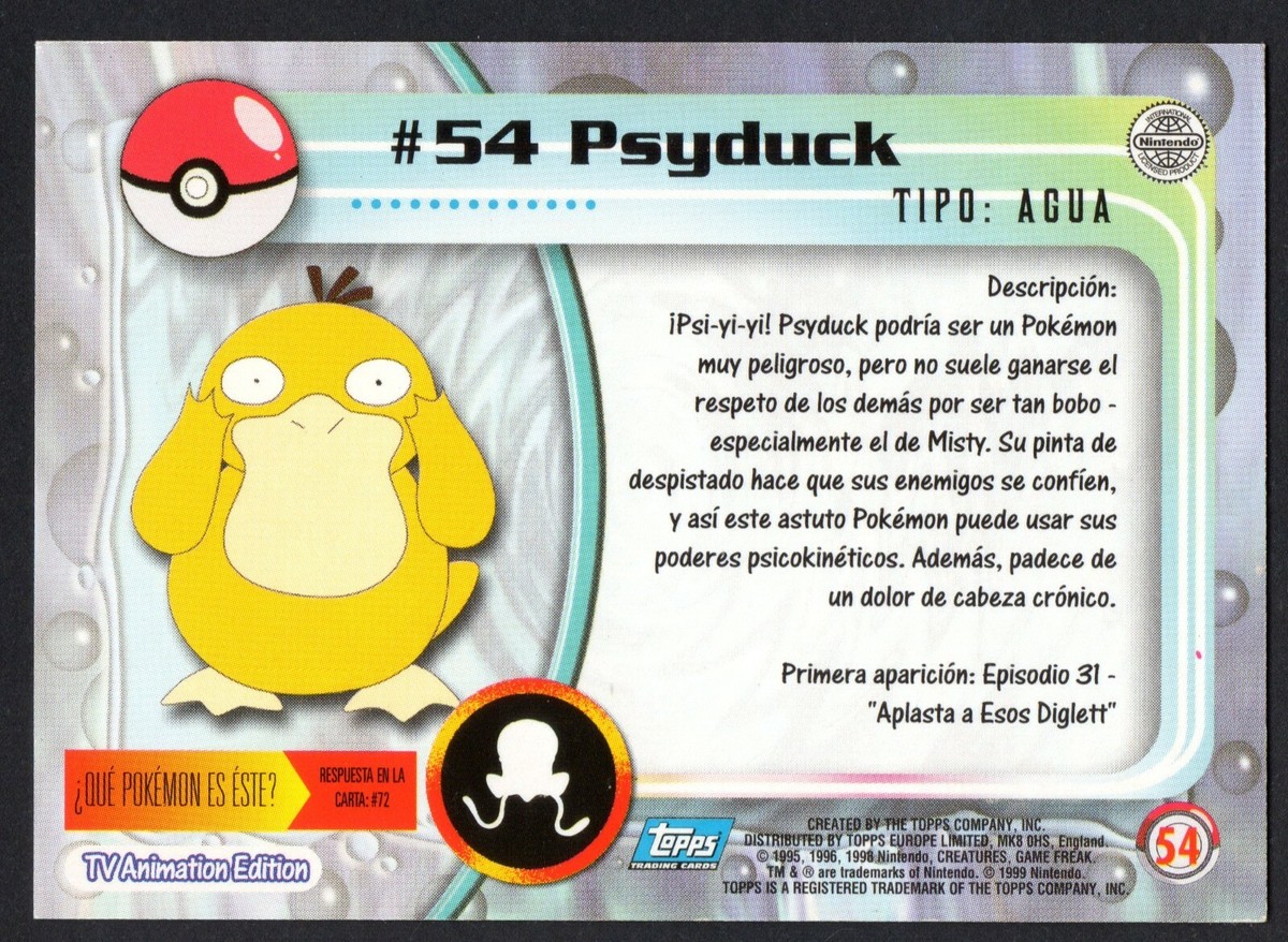 PSYDUCK CARD #54 POKEMON TRADING CARD COLLECTION TOPPS 1999 PSYDUCK CARD #54 POKEMON TRADING CARD COLLECTION TOPPS 1999
