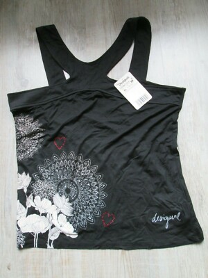 Haut Desigual Noir à Strass Sans Manches Taille XL - Neuf Avec étiquettes, Motif Blanc, Style Décontracté Femme