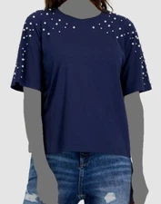 $59 Inc International Concepts Women's Blue Embellished Dolman-Sleeve Tee L