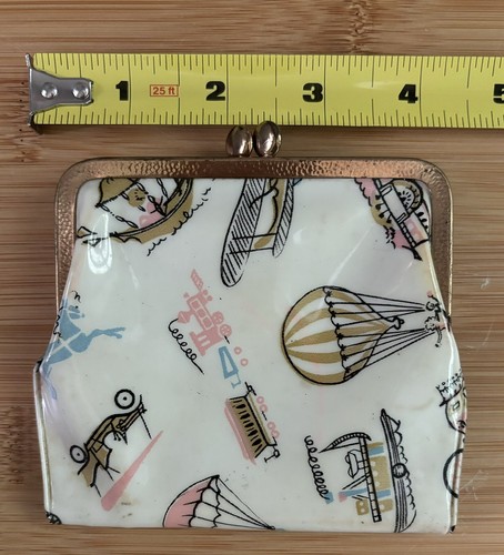 Vtg 60s Plastic Vinyl Wallet Coin Purse Transportation Theme Print Kiss Clasp - Picture 6 of 7