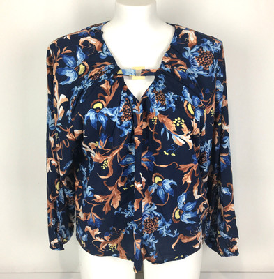 Katies Top Navy Blue Size 16 Tan Floral Long Sleeve Buckle Detail at Neck Boho