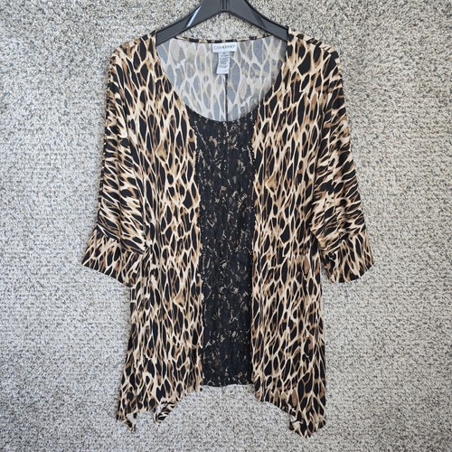 Catherines Top Womens Plus 0X 14/16W Brown Animal Print Blouse Stretch Ladies